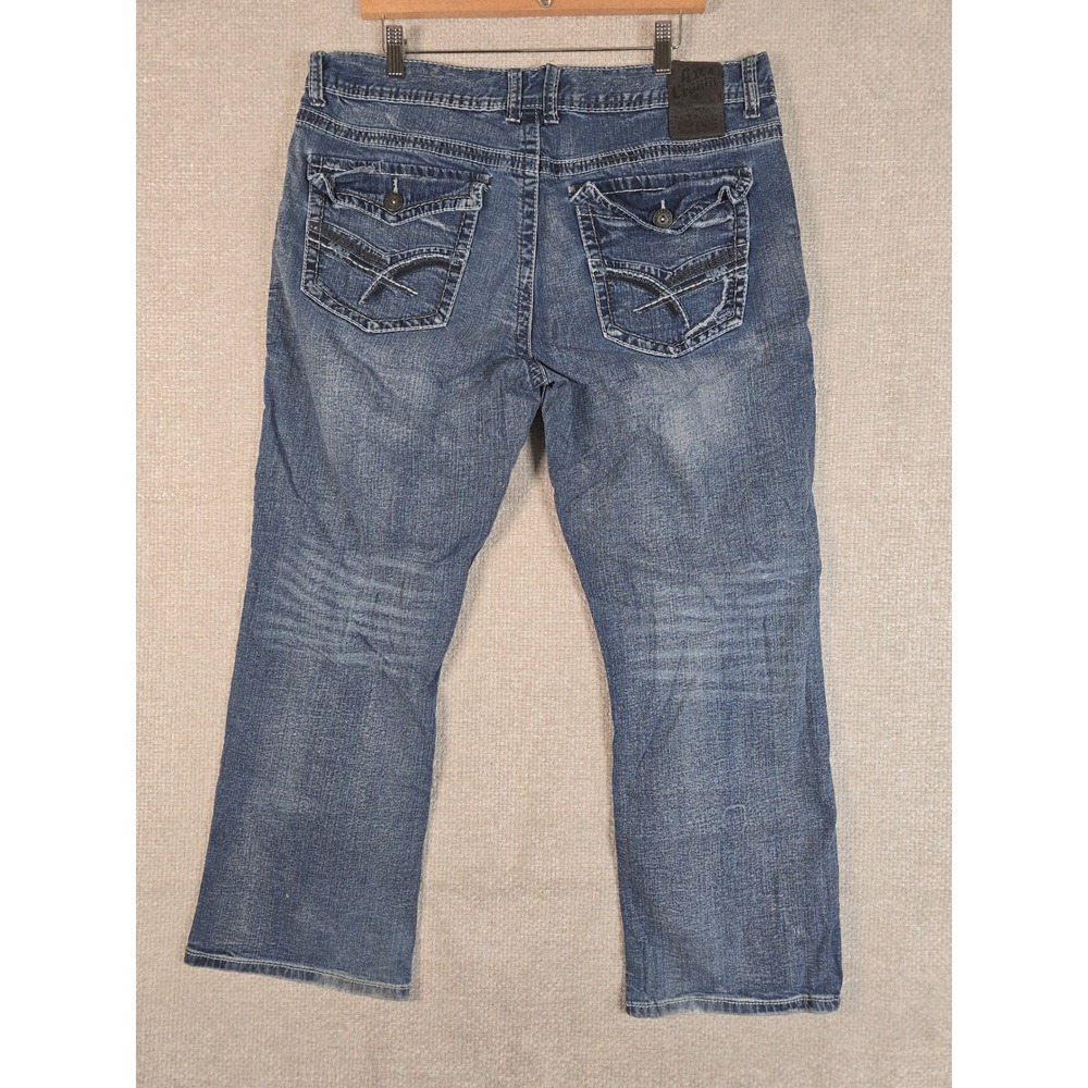 Axe & Crown Mens Slim Boot Jeans 36x29 Blue Distressed Thick Stitch Embroidered - Picture 7 of 10